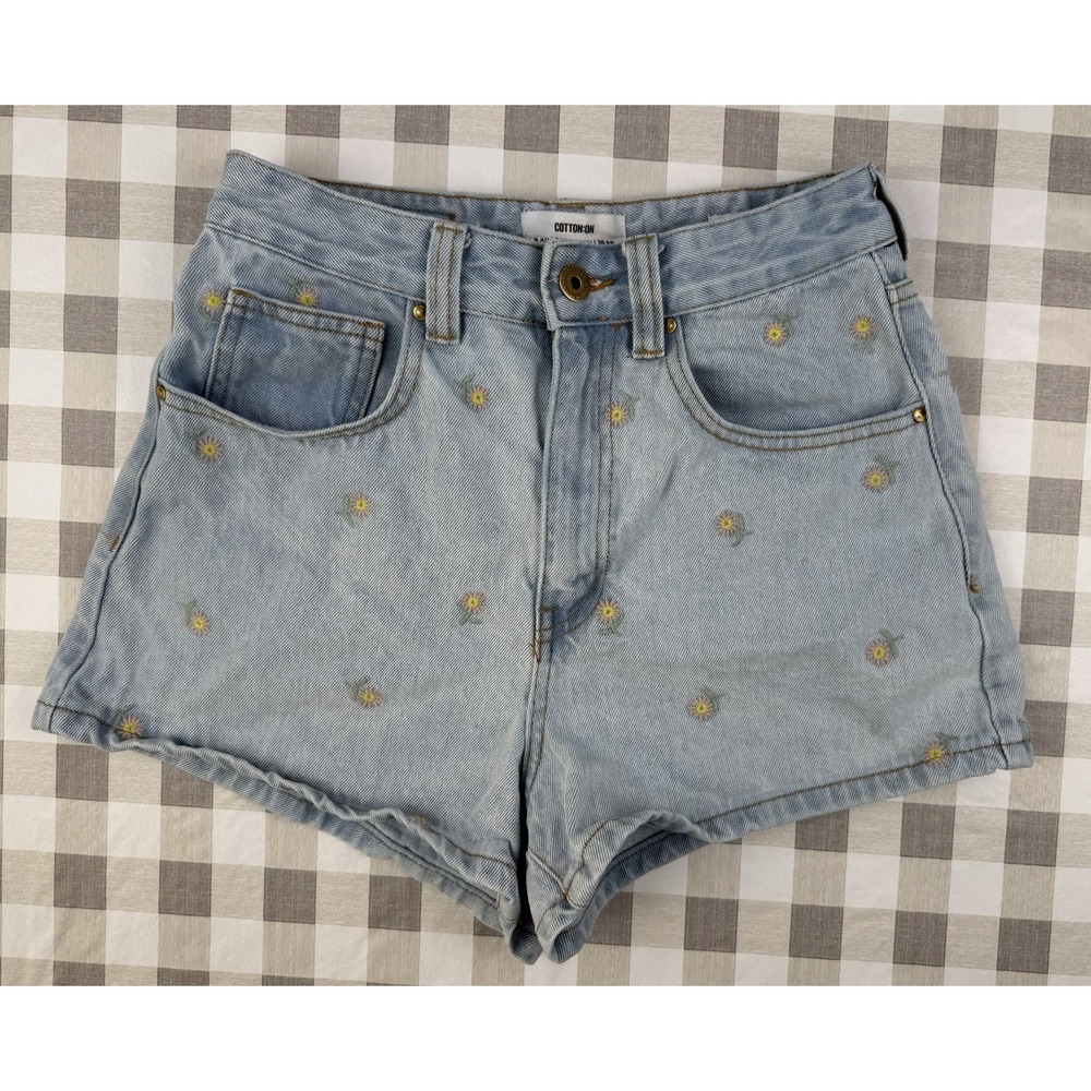Cotton On Daisy Embroidered Mom‎ Denim Shorts US 4 High Rise Y2K